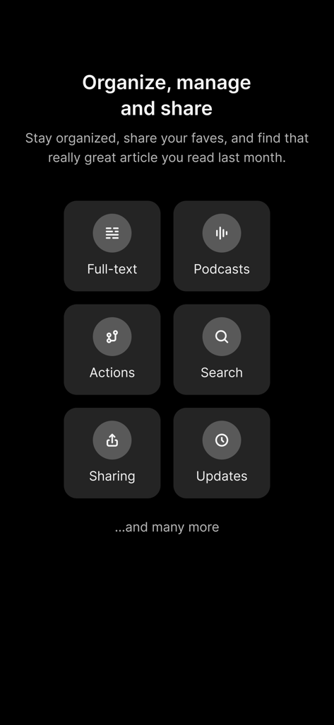 Feedbin mobile app screen displaying features to organize manage and share content like podcasts and articles