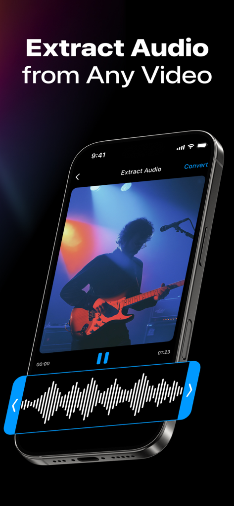 ギタリストのビデオからオーディオを抽出する方法を示しているスマートフォンの画面