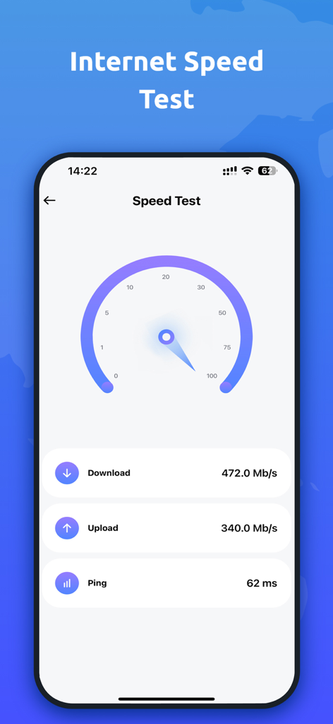 VPN Super -Fast & Secure - Internet speed test interface in the VPN Super app showing download and upload speeds