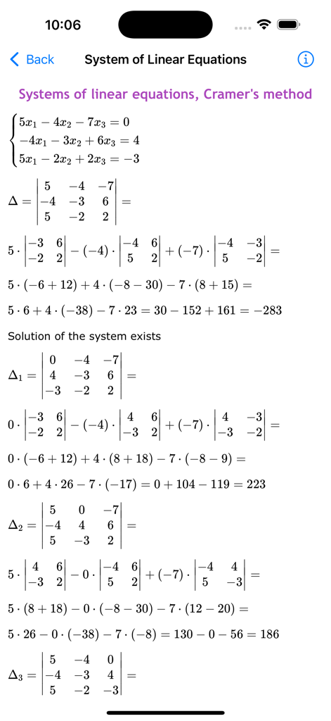 Schritt-für-Schritt-Lösung eines Systems linearer Gleichungen mit der Cramerschen Regel.