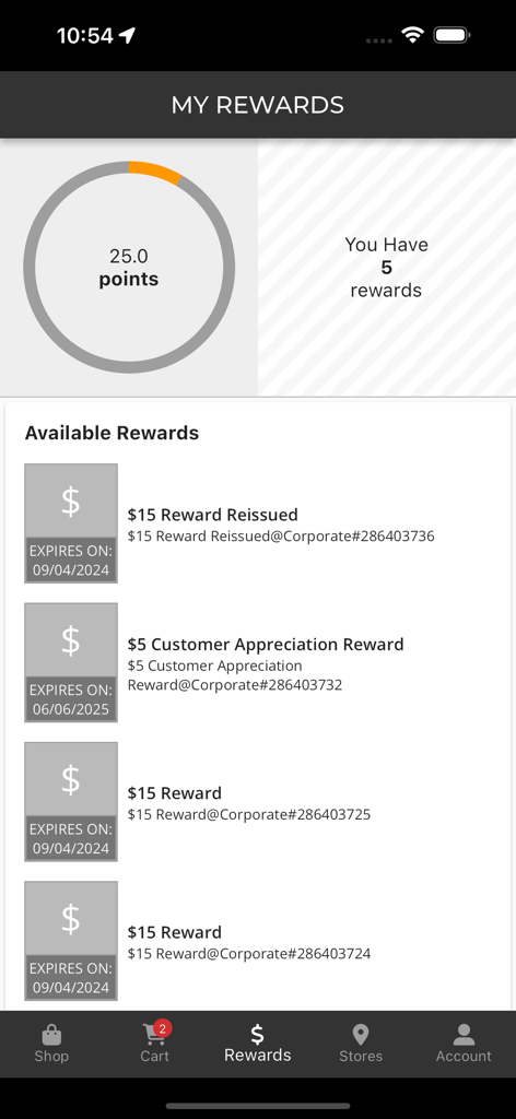 Painel de recompensas do aplicativo Rack Room Shoes exibindo pontos atuais e cupons disponíveis