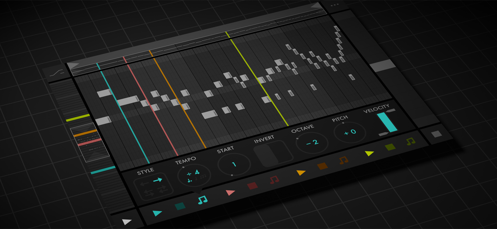 A screenshot of the Fugue Machine MIDI sequencer interface showing a dark piano roll with four colored playheads and musical composition controls