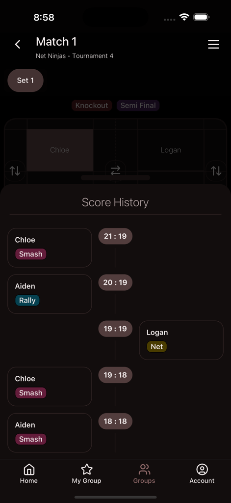 Score history screen of a badminton match showing individual point details and shot types.