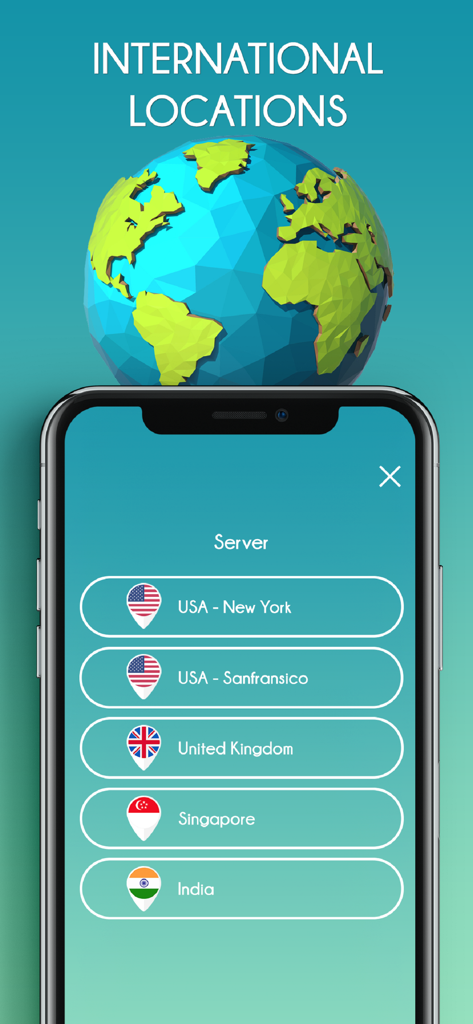 VPN Connector: Best Proxy - Captura de pantalla de la aplicación VPN Connector que muestra ubicaciones de servidores globales, incluyendo EE. UU., Reino Unido, Singapur e India, con un gráfico de globo de baja poli