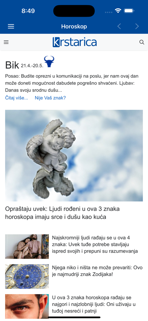 Krstarica forum, vesti, zabava - Captura de pantalla de la aplicación Krstarica que muestra la sección de horóscopo con información sobre el signo zodiacal Tauro y artículos en serbio