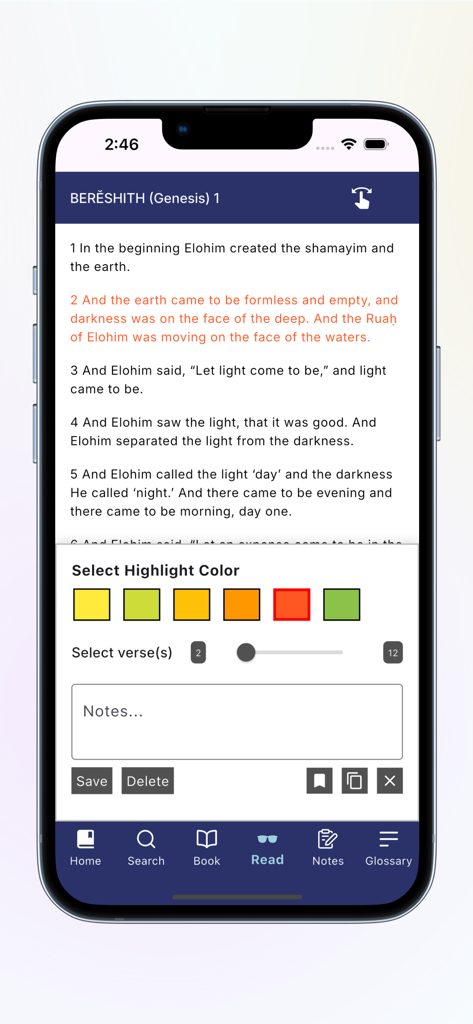 Yah Scriptures - Interfaccia dell'app Yah Scriptures che mostra la lettura delle scritture con funzioni di evidenziazione e note