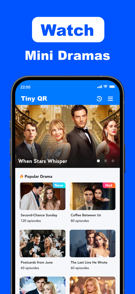 Tiny QR Barcode Scanner Reader - Interface of the Tiny QR app showing a selection of mini dramas available to watch including titles like When Stars Whisper and Second Chance Sunday
