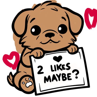 a puppy holding a sign that says 2 likes maybe?