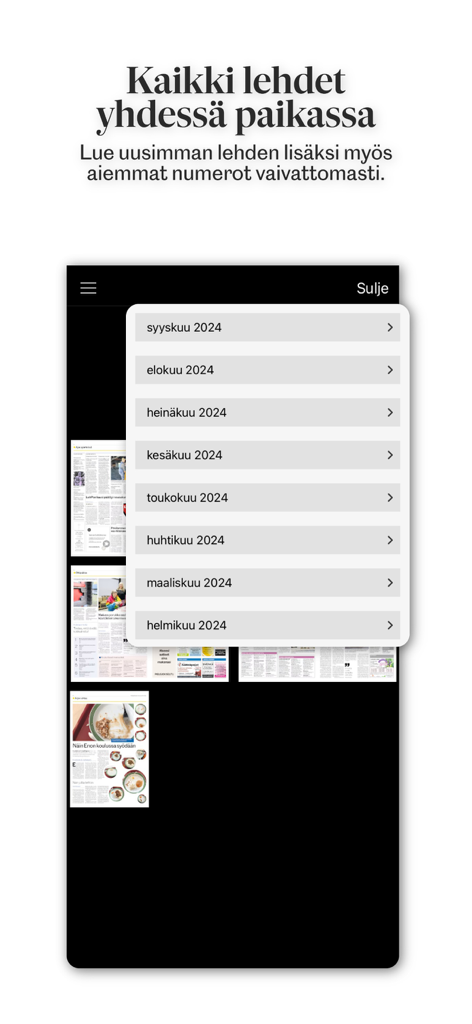 Pielisjokiseutu, päivän lehti - Pielisjokiseutu app interface displaying a list of archived newspaper editions organized by month.