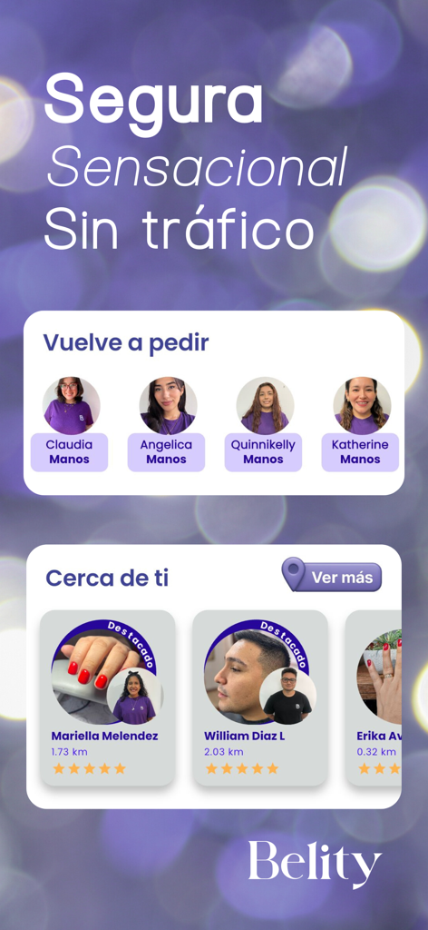 Interface do aplicativo móvel Belity mostrando especialistas de beleza verificados e opções de serviço próximas para tratamentos de beleza em casa.