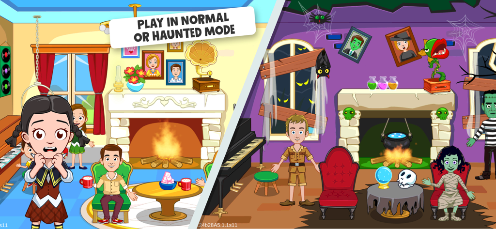 My Town : Haunted House - Side by side comparison of a living room in normal and haunted house modes