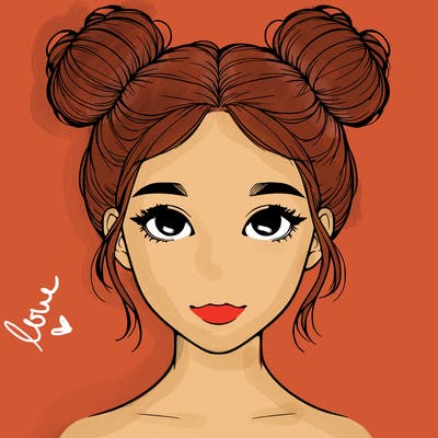 realistic girl with two buns on top of her head