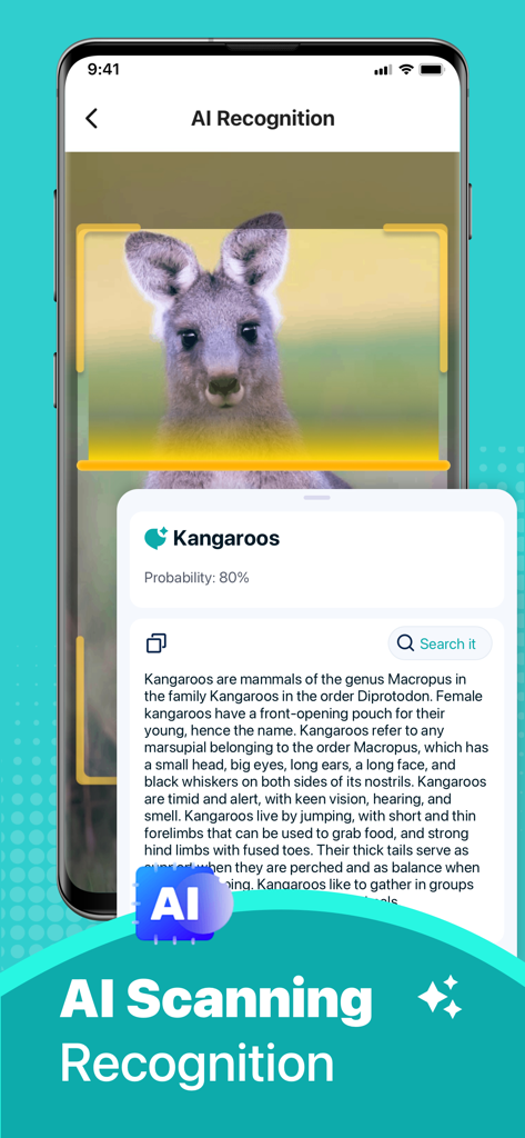 QR Code Scanner:Barcode Reader - Smartphone interface showing AI object recognition feature identifying a kangaroo
