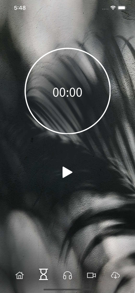 停一停 心呼吸 - Meditation timer interface with play button and monochrome leaf shadow background