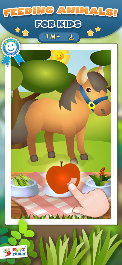 ANIMAL-GAMES Happytouch® - A child feeding an apple to a cartoon horse in the Happy Touch educational animal game for toddlers.