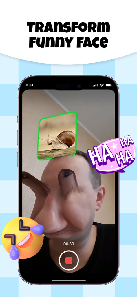 Animal Face Filter Challenge - A man using a funny snail filter in the Animal Face Filter Challenge app which distorts his face features
