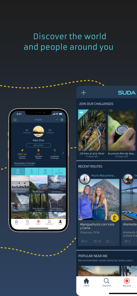 SUDA Outdoors - Adventure GPS - Interface do aplicativo SUDA Outdoors mostrando um perfil de usuário com estatísticas ao ar livre e um feed de rotas e desafios de aventura recentes.