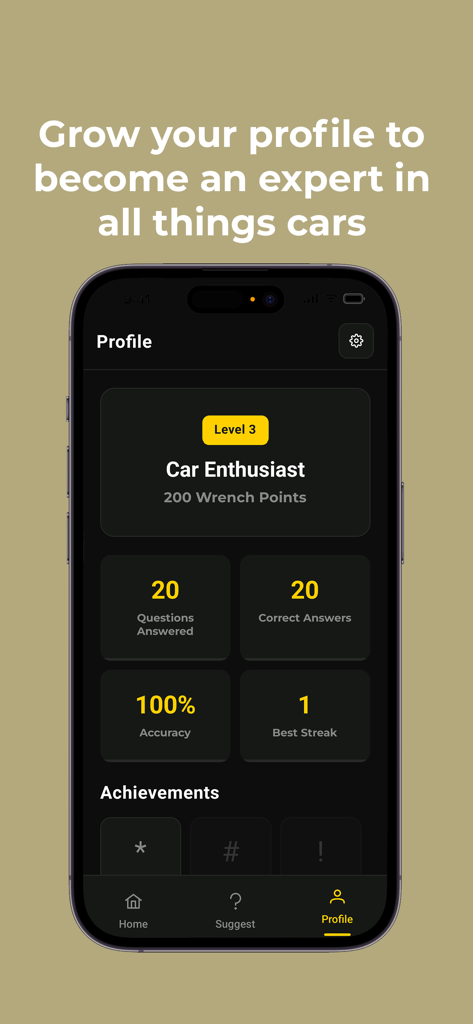 Car Geek - Car Geek app profile screen displaying user level achievements and trivia performance statistics