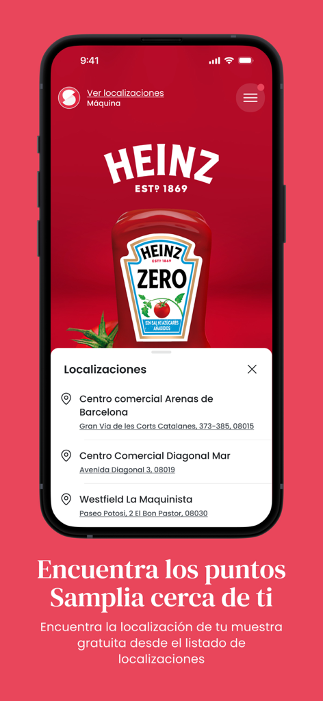 Samplia app screen showing a list of machine locations for a free Heinz Zero sample in Barcelona