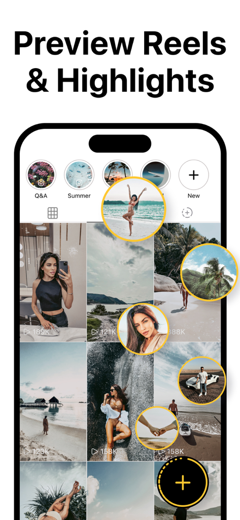 Interface d'application mobile montrant un aperçu des reels Instagram et des stories à la une sur une grille organisée