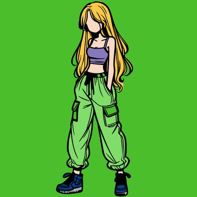 girl in baggy pants crop top and long hair