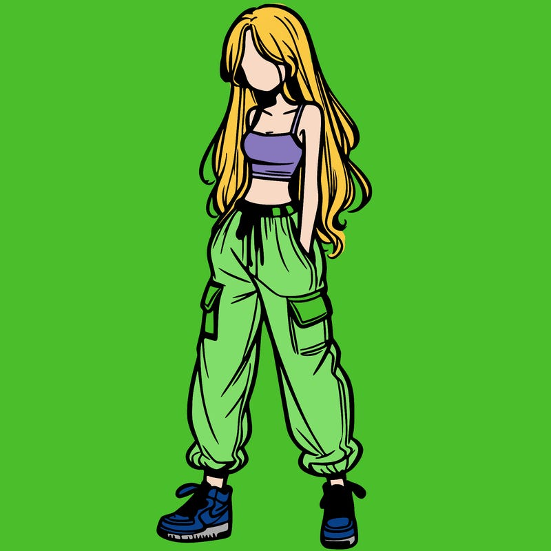 girl in baggy pants crop top and long hair