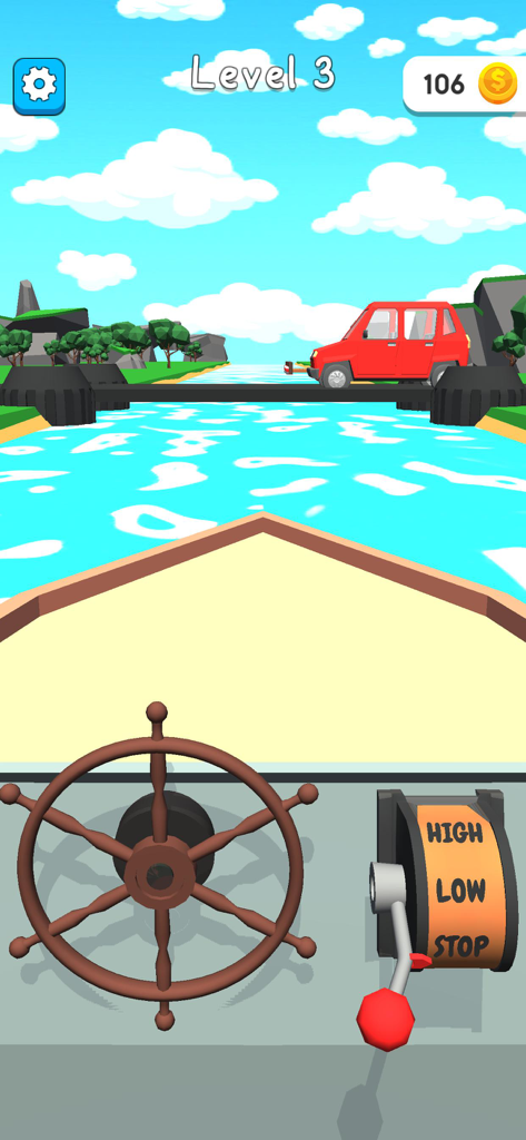 First-person gameplay view of Hyper Boat showing the steering wheel and throttle controls navigating a river
