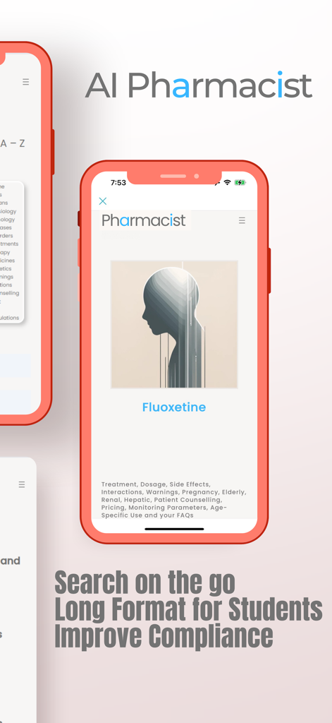 AI Pharmacist - AIファーマシストモバイルアプリのインターフェース。スマートフォンでフルオキセチンの臨床詳細が表示されています。