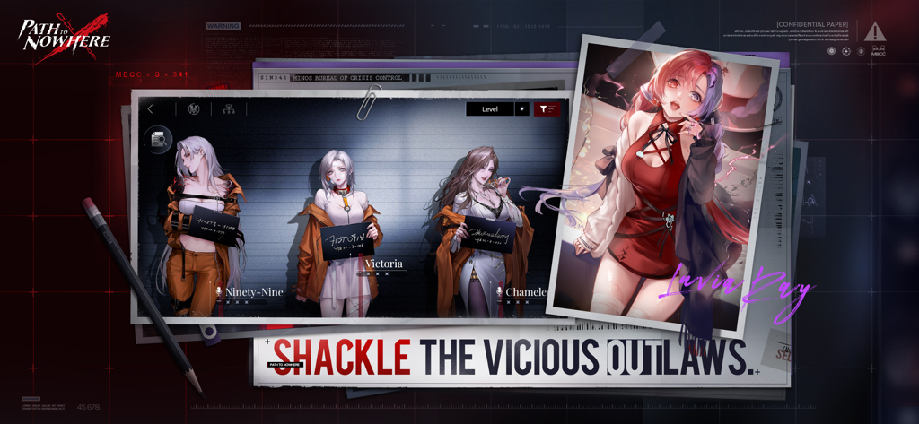Path to Nowhere - Linha de personagens do jogo Path to Nowhere com o texto Shackle the Vicious Outlaws