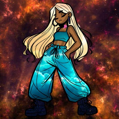 girl in baggy pants crop top and long hair