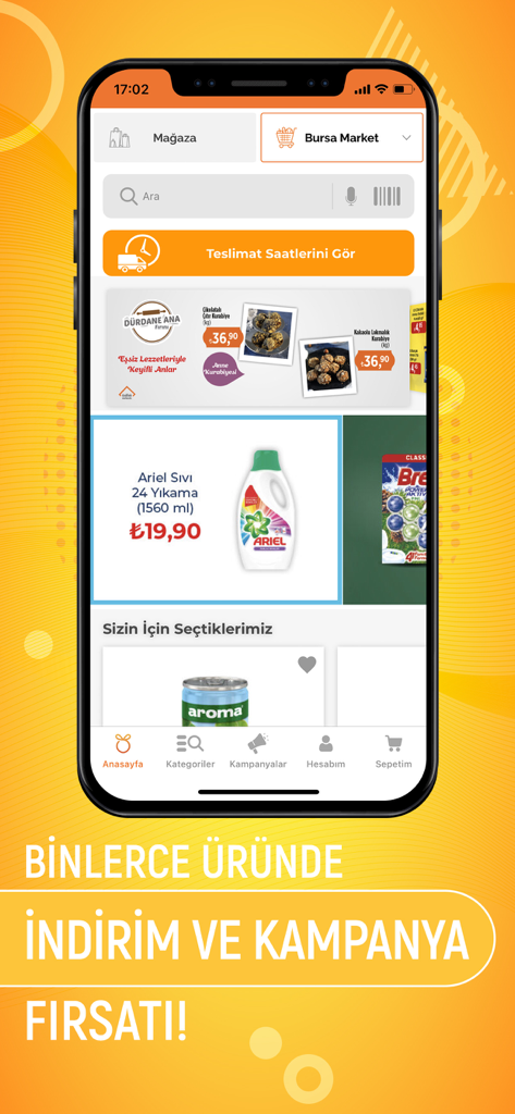 Ozdilekteyim mobile app home screen displaying supermarket and department store products with promotional banners