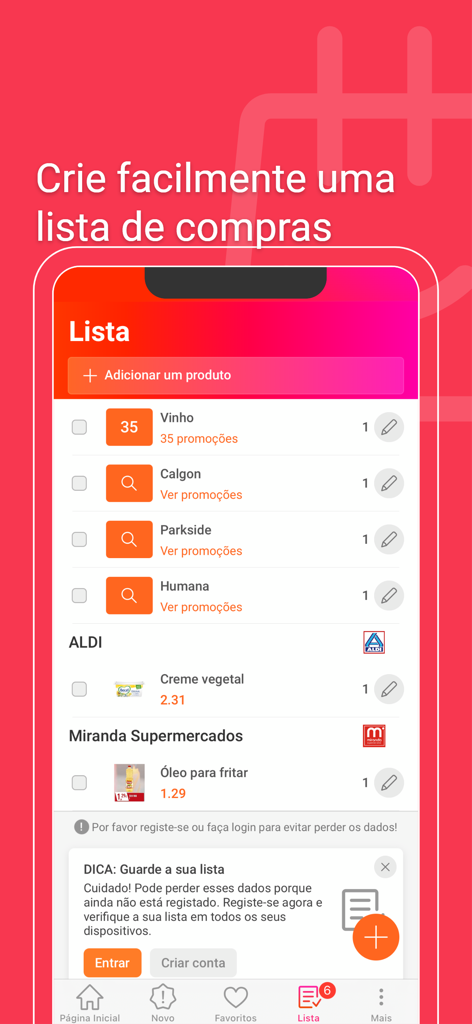 Folhetos Promocionais Portugal - Interface de la fonction de liste d'achats de l'application Folhetos Promocionais Portugal montrant divers produits et offres de supermarchés