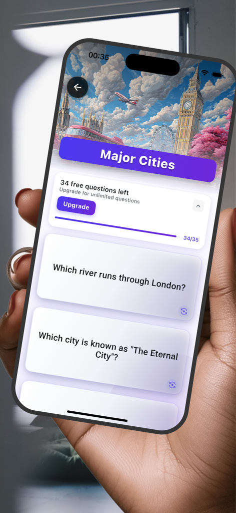 Quiz from Quizery - Pantalla de iPhone que muestra el paquete de trivia de Grandes Ciudades de la aplicación Quizery con preguntas de geografía sobre Londres y la Ciudad Eterna.