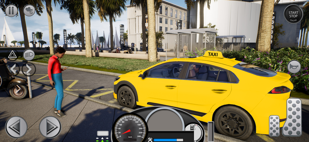 Grab City Taxi: Car Games 3D - Taxi amarillo recogiendo a un pasajero en un simulador de conducción de ciudades en 3D