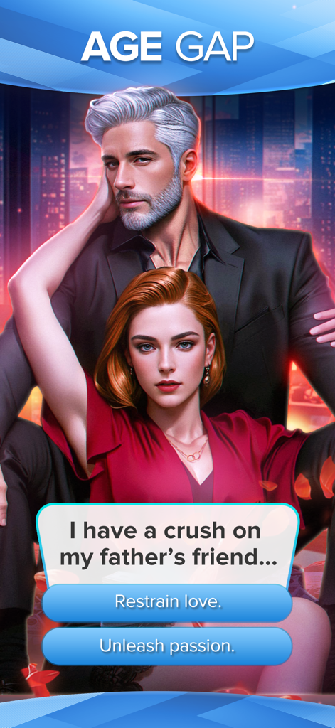 Pantalla de elección interactiva en el juego Whispers que muestra una historia de romance con diferencia de edad.