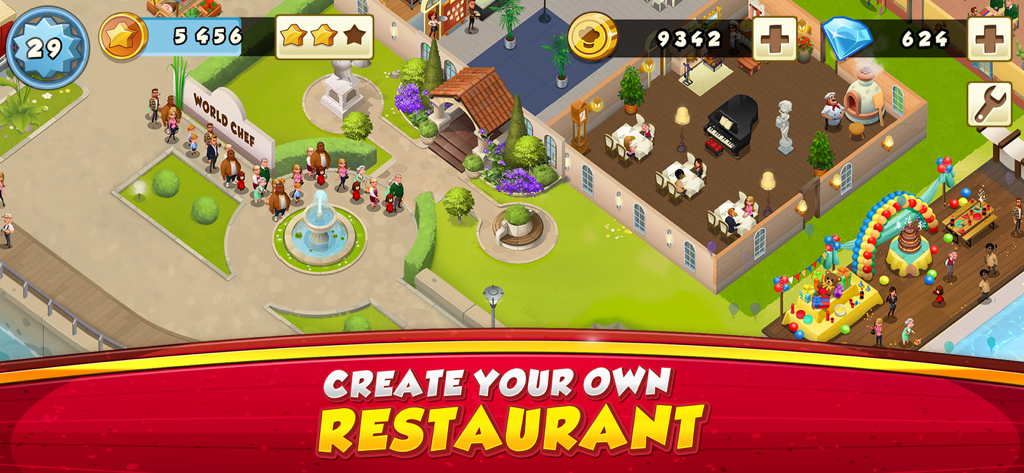 World Chef - Customized restaurant with diners and outdoor party area in World Chef