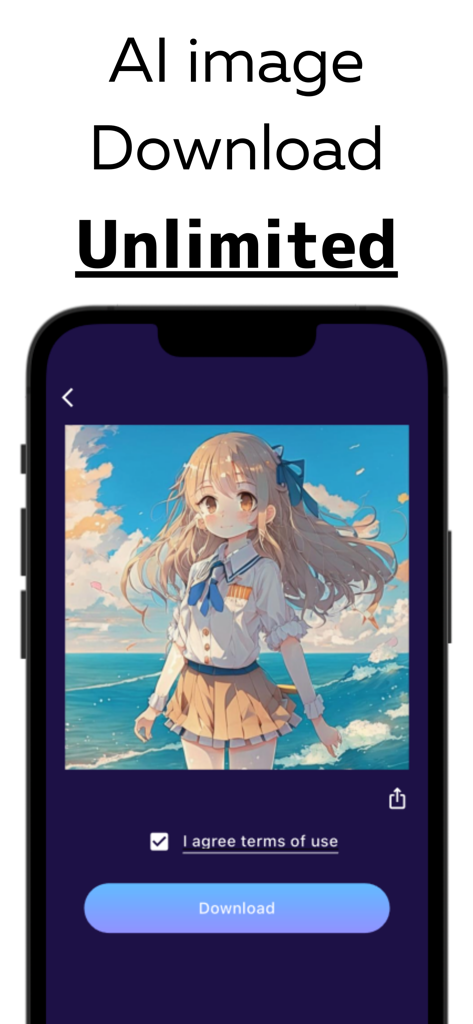 Interfaz móvil de una aplicación generadora de arte IA mostrando una chica anime y un botón para descargas ilimitadas