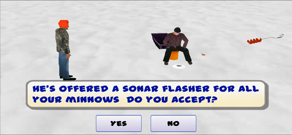Ice Fishing Derby Premium - 얼음 호수에서 두 명의 낚시꾼이 대화 상자로 거래를 제안하고 있으며, 민물을 소나 플래셔와 교환하고 있음