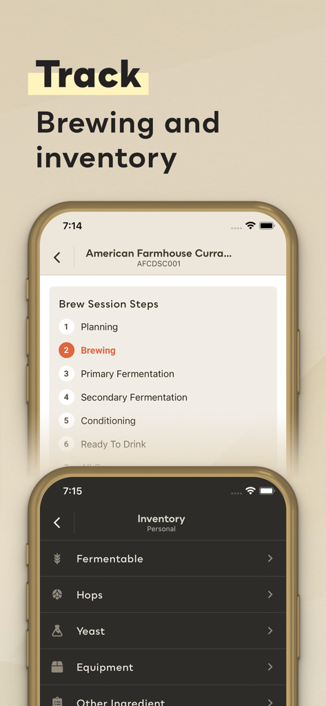 Interfaz de la aplicación Brewer's Friend que muestra los pasos de la sesión de elaboración y el seguimiento del inventario de ingredientes