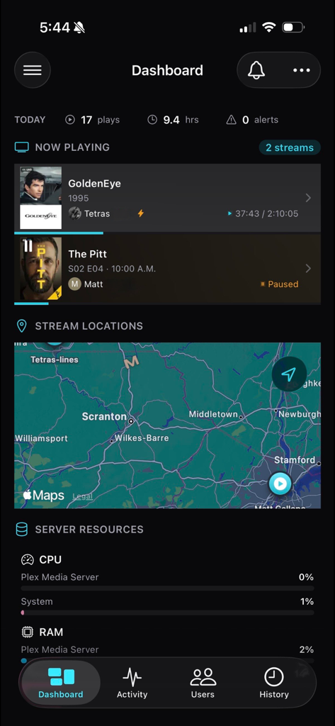 Tracearr - Tracearr dashboard showing active media streams map and server resource metrics