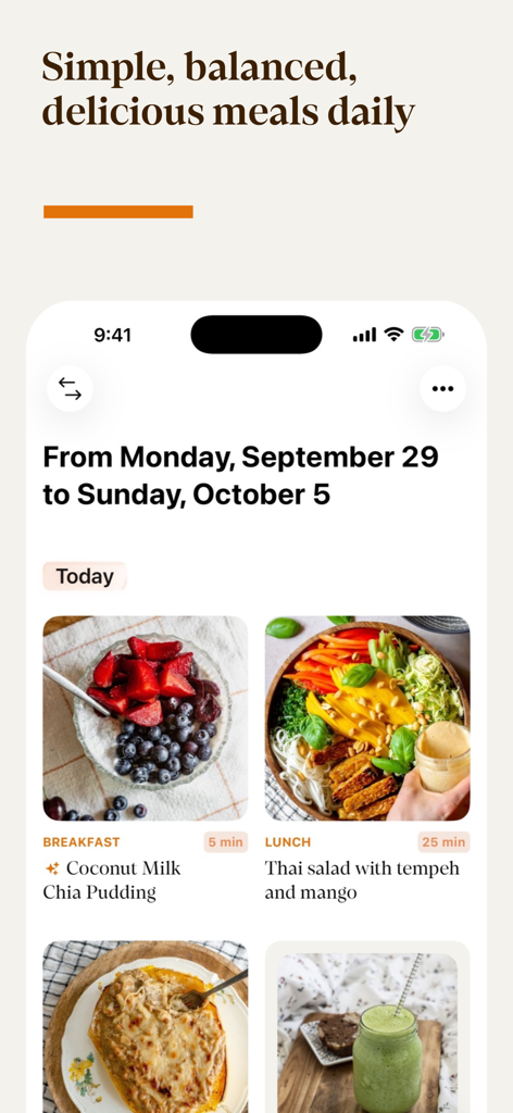 Eline's Table: Vegan Recipes - A screenshot of the Eline's Table app showing a daily vegan meal plan with Coconut Milk Chia Pudding and Thai salad.