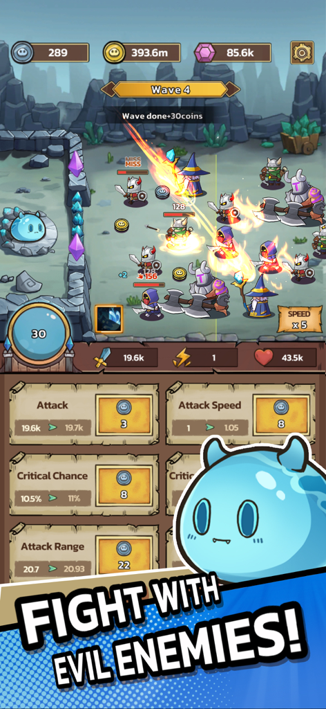 Slime Castle: Idle TD RTS Game - Slime Castle idle tower defense gameplay showing a battle scene and the character upgrade menu