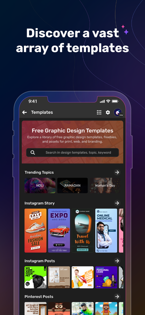 Simplified AI - A mobile screen showing a variety of graphic design templates for Instagram stories and social media posts within the Simplified AI app.