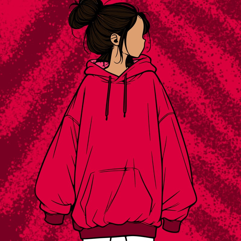 realistic girl with a oversized sweatshirt on and a bun
