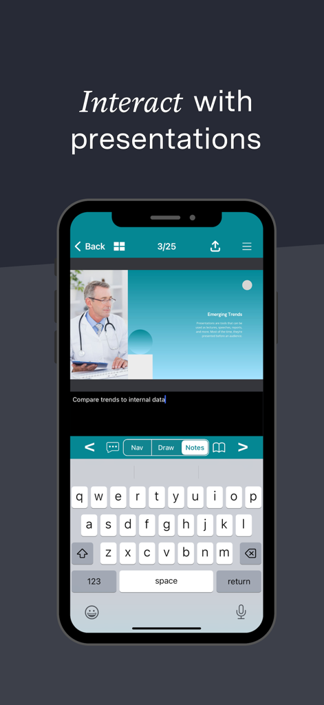 Eventscribe - Interface of Eventscribe app showing how users can take notes directly on presentation slides