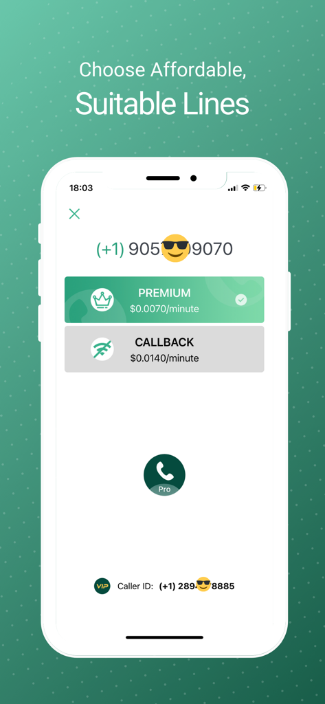 WeTalk Pro- WiFi Calling Phone - WeTalk Proアプリの画面。プレミアムラインとコールバックラインの分単位の料金が表示される通話ラインのオプションが表示されます。
