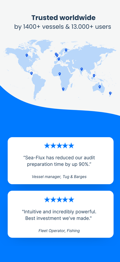 Sea-Flux - Carte du monde montrant des lieux mondiaux et des témoignages de professionnels du maritime sur la gestion de flotte Sea-Flux.