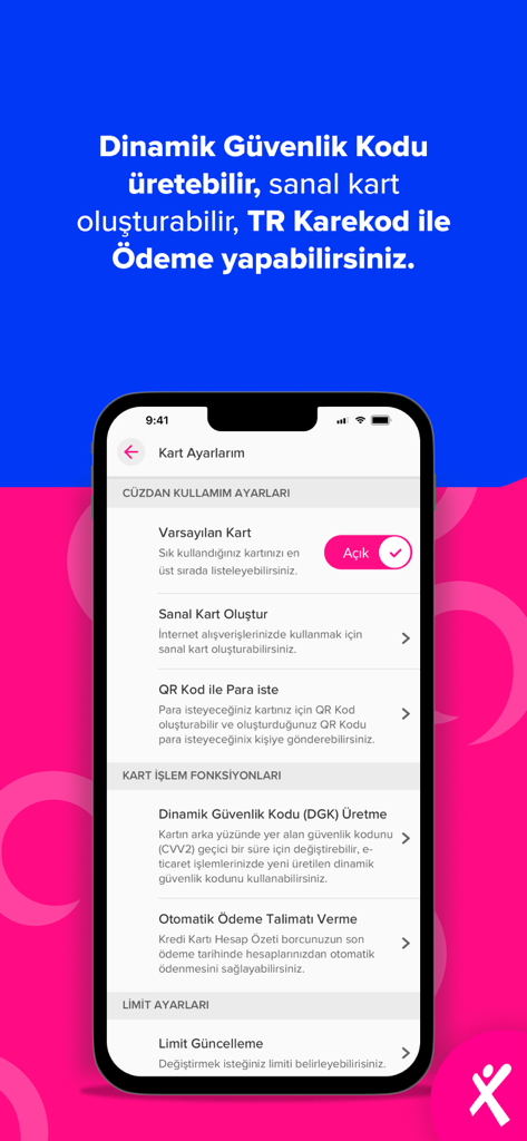 Maximum Mobil - Maximum Mobil app interface displaying card settings such as creating a virtual card and generating a dynamic security code