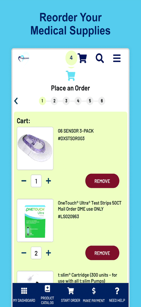 MyByram app shopping cart showing a G6 sensor pack and OneTouch test strips for easy reordering