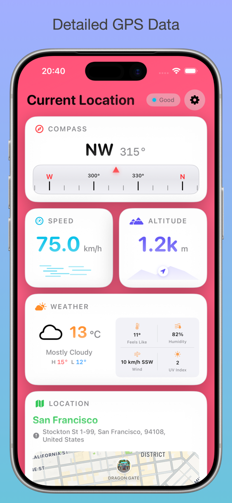 Current Location Data app dashboard displaying live compass speed altitude weather and map location